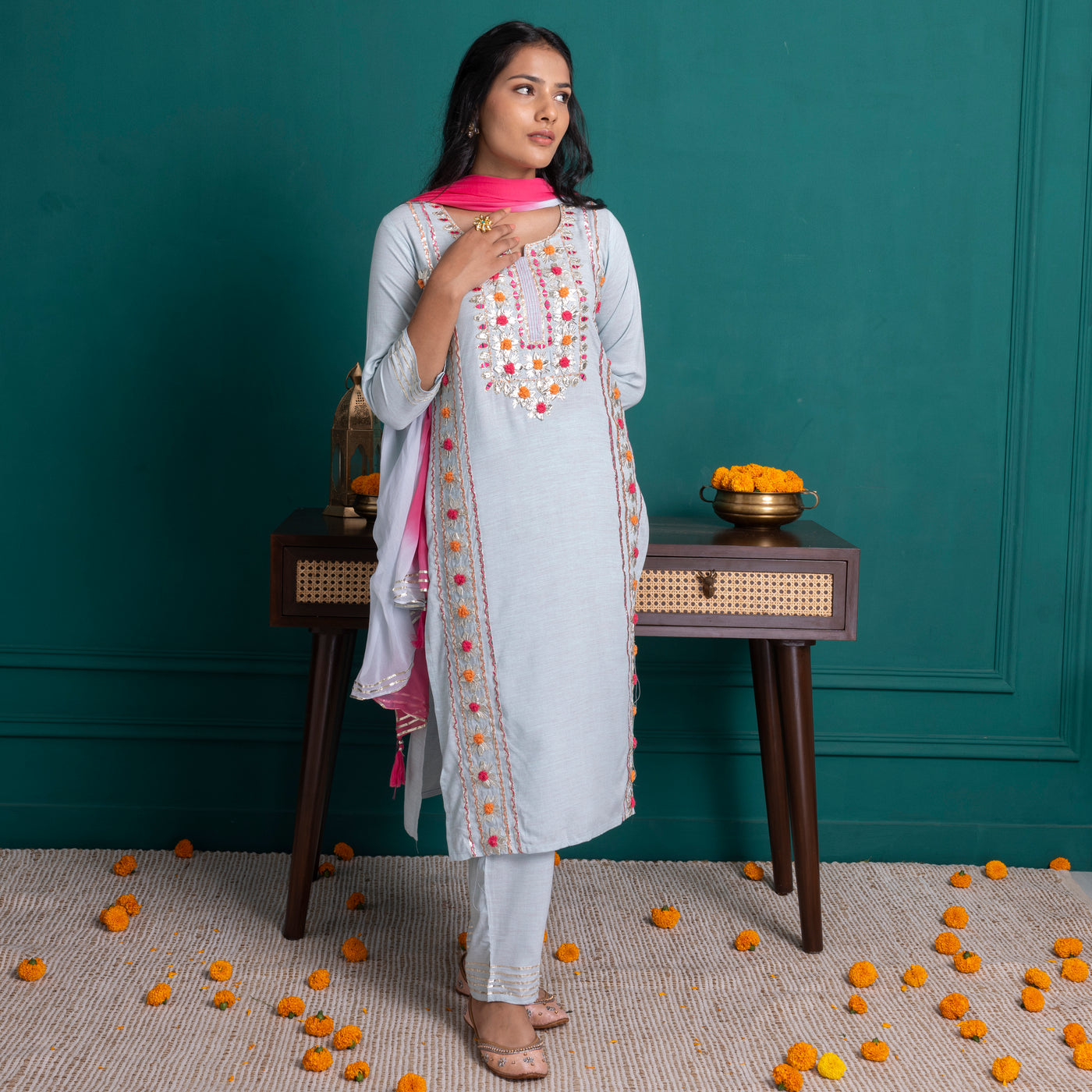 Pastel Blue and Pink Embroidered Kurta with Pants and Dupatta