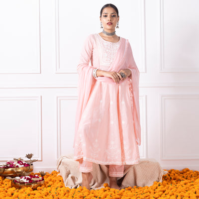 Peach Embroidered Kurta with Pants and Dupatta