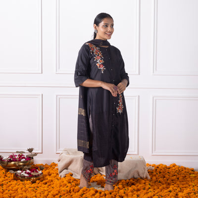 Black Embroidered Kurta with Pants and Dupatta
