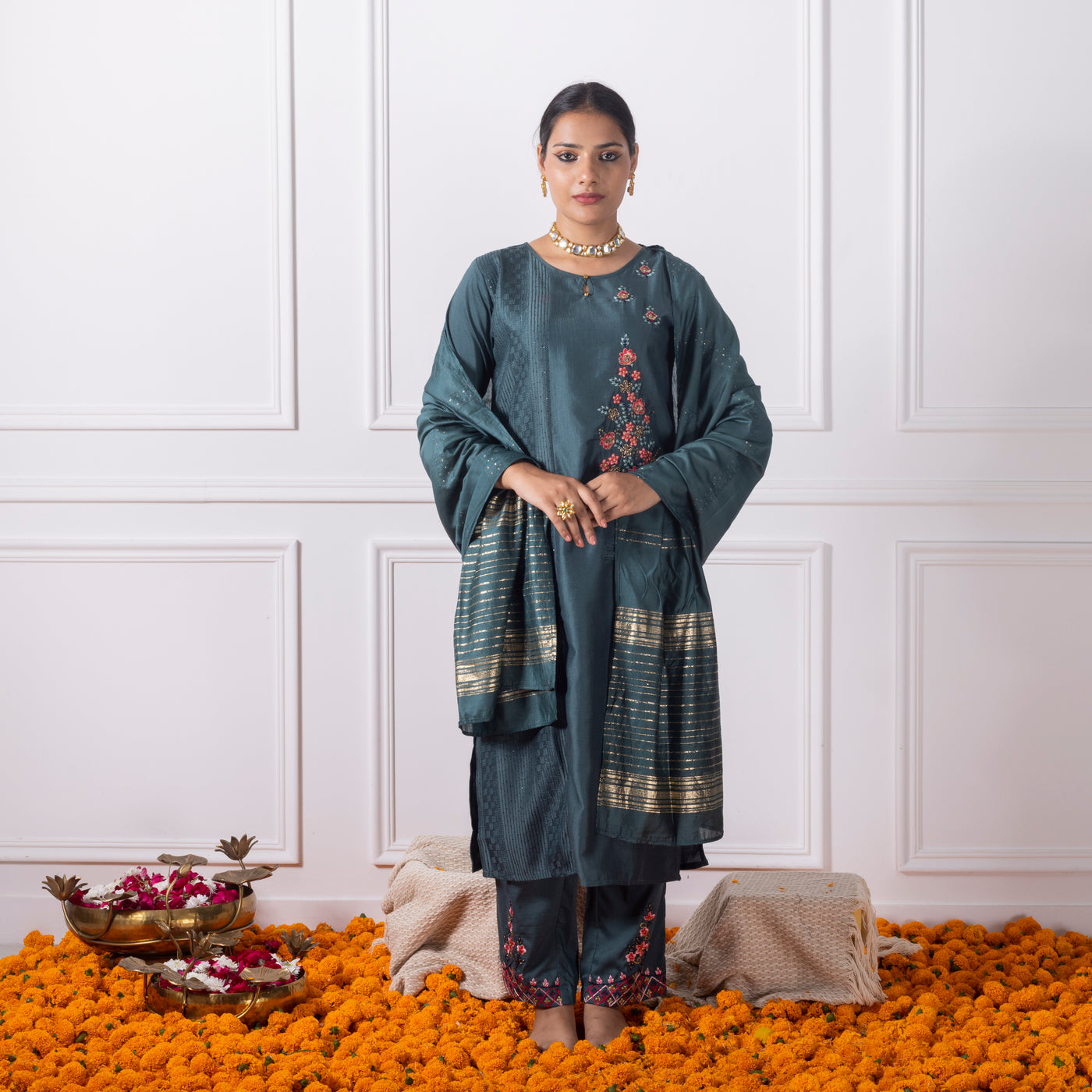 Forest Green Embroidered Kurta with Pants and Dupatta