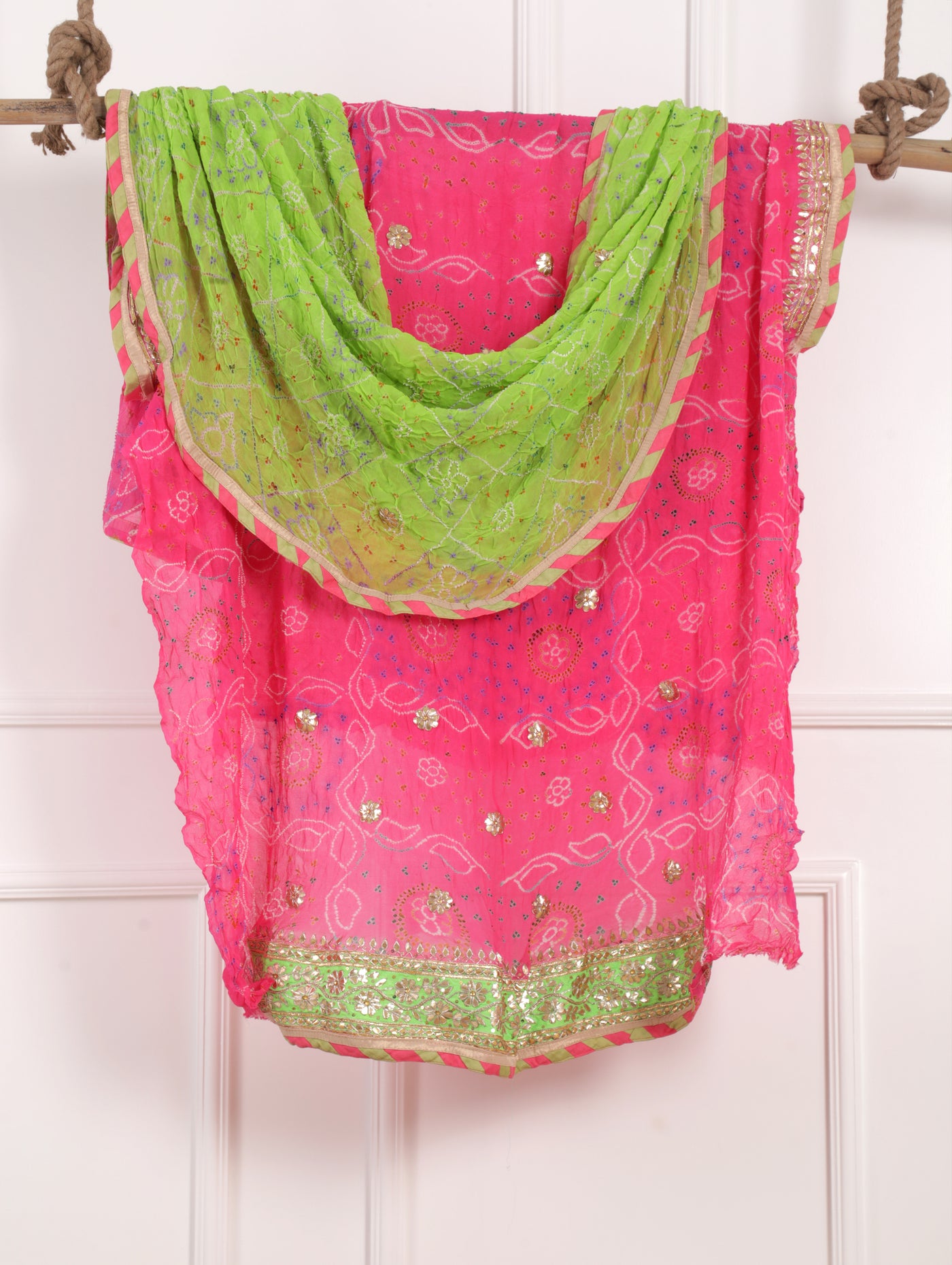 Pink & Green Bandhni Printed Unstitched Suit Set
