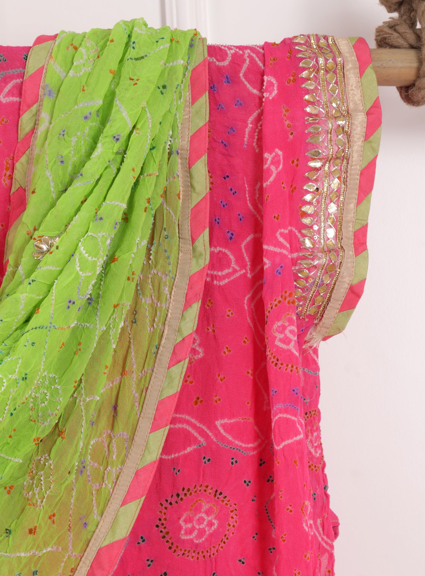 Pink & Green Bandhni Printed Unstitched Suit Set
