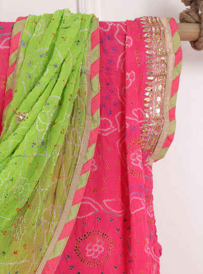 Pink & Green Bandhni Printed Unstitched Suit Set