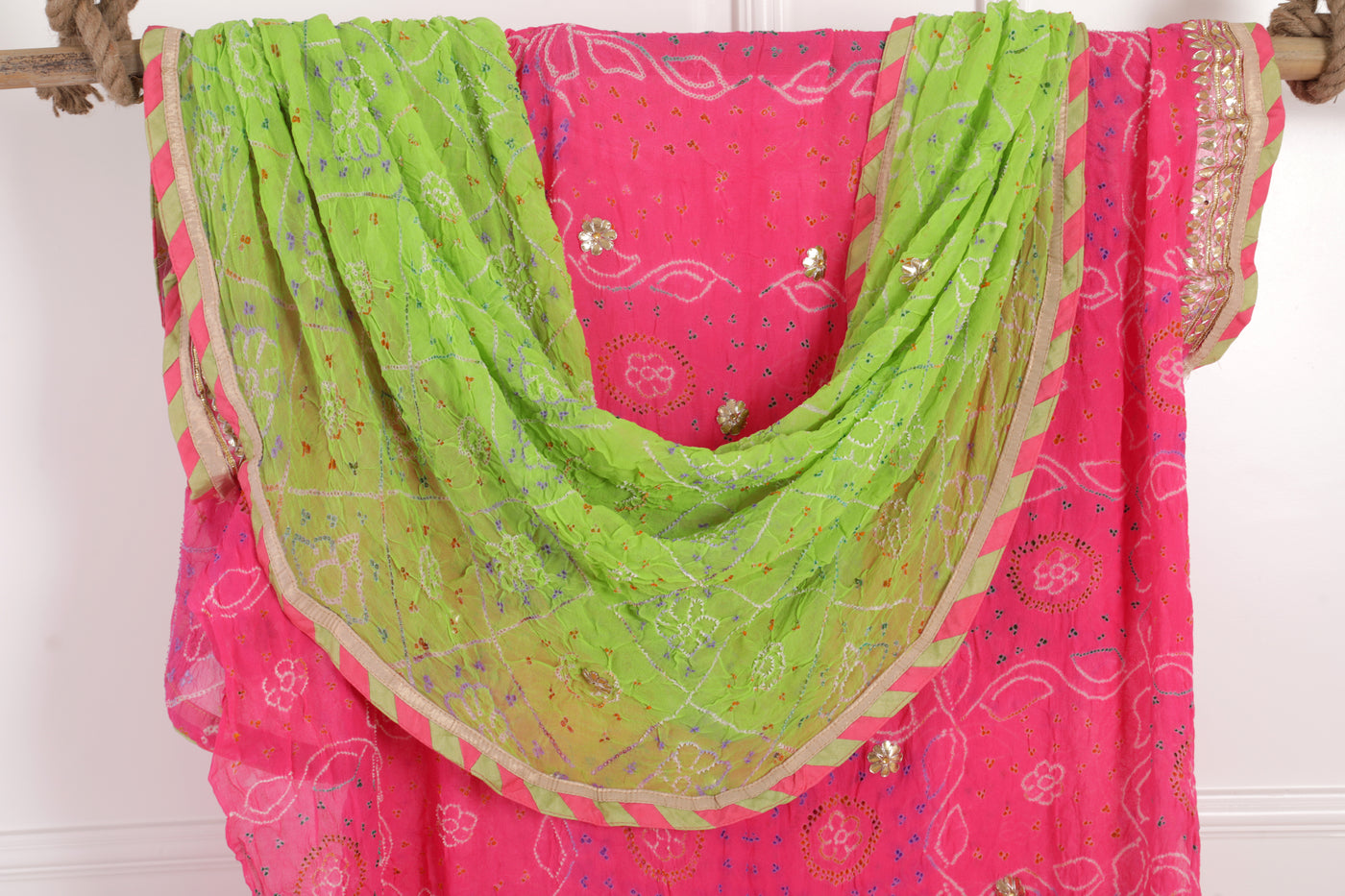 Pink & Green Bandhni Printed Unstitched Suit Set