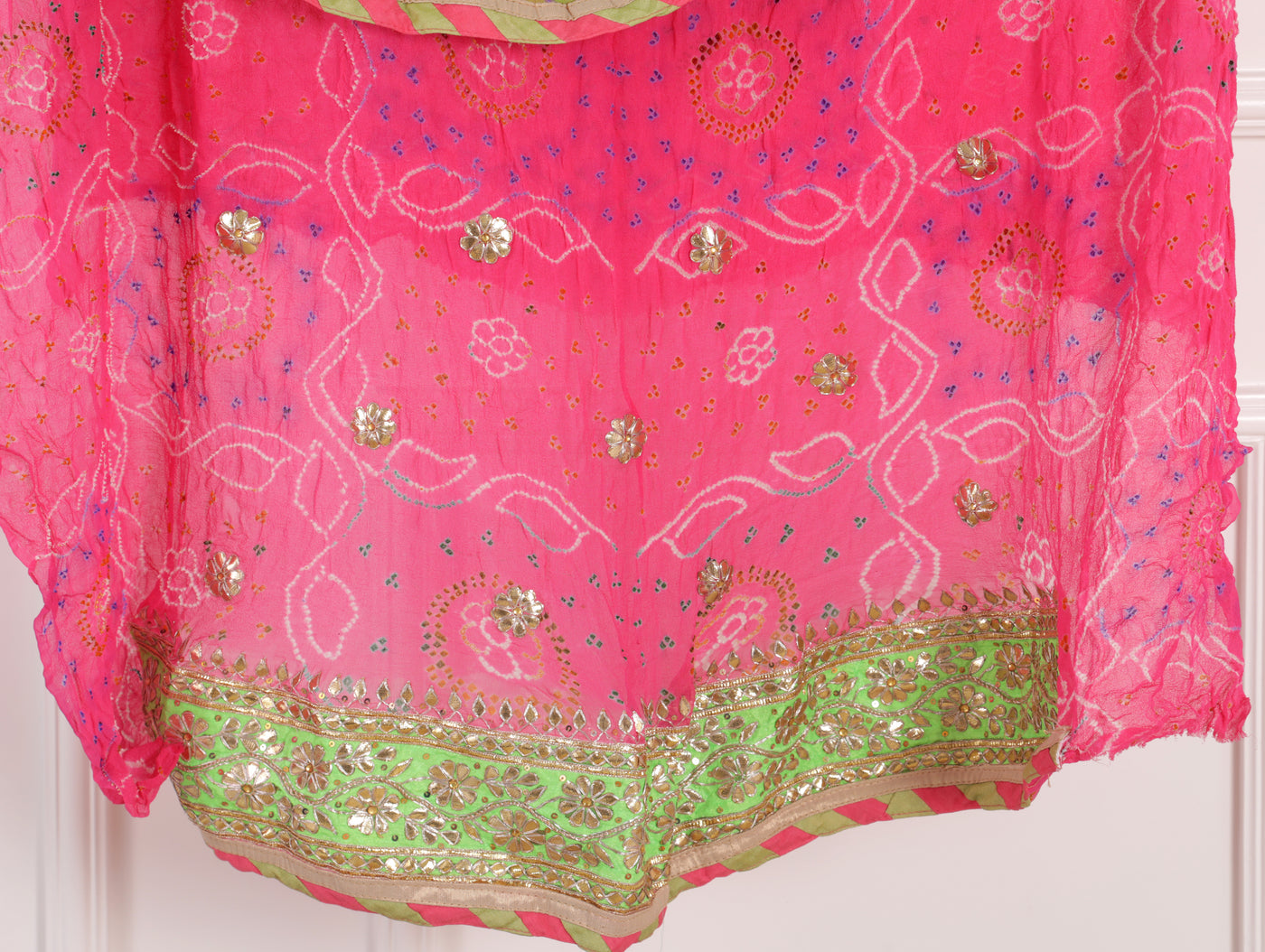 Pink & Green Bandhni Printed Unstitched Suit Set