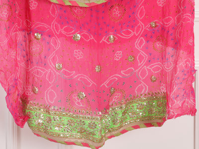 Pink & Green Bandhni Printed Unstitched Suit Set