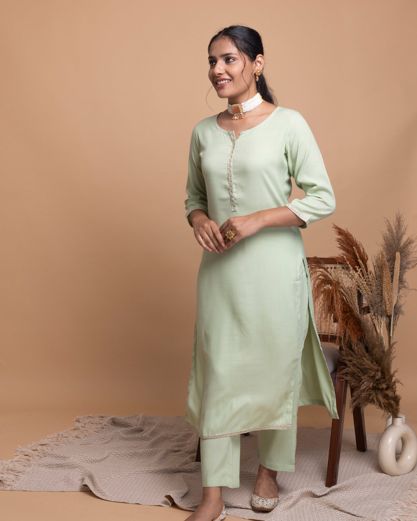 Sage Green Embroidered Kurta with Pants