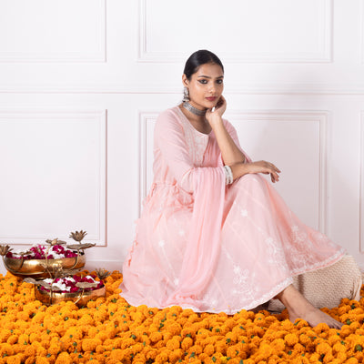 Peach Embroidered Kurta with Pants and Dupatta