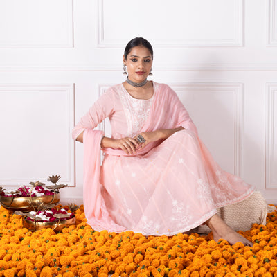 Peach Embroidered Kurta with Pants and Dupatta