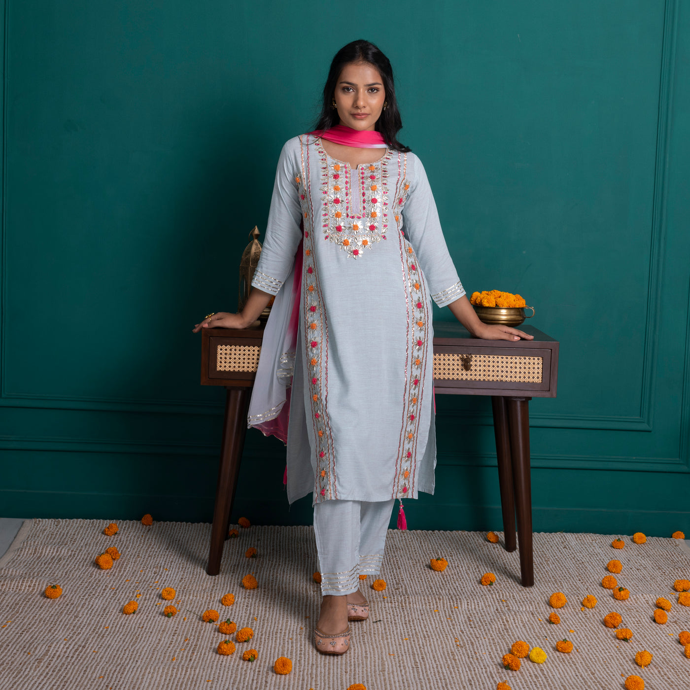 Pastel Blue and Pink Embroidered Kurta with Pants and Dupatta