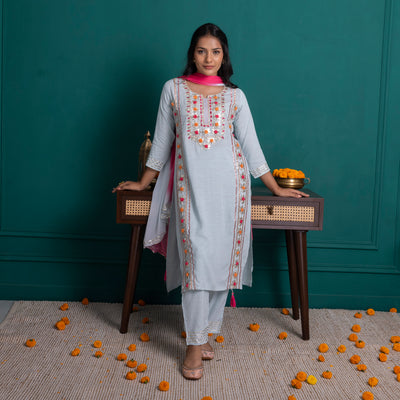 Pastel Blue and Pink Embroidered Kurta with Pants and Dupatta