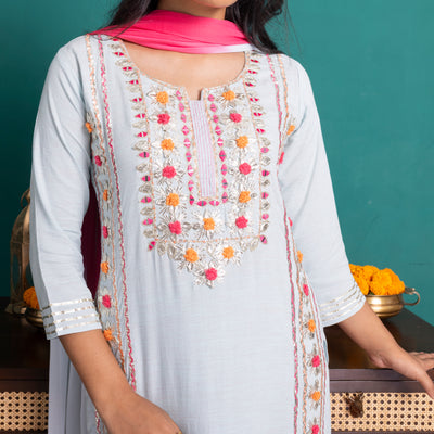 Pastel Blue and Pink Embroidered Kurta with Pants and Dupatta
