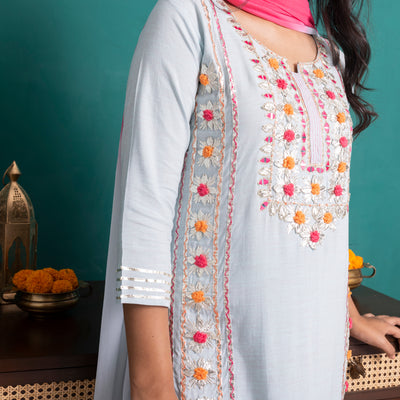 Pastel Blue and Pink Embroidered Kurta with Pants and Dupatta