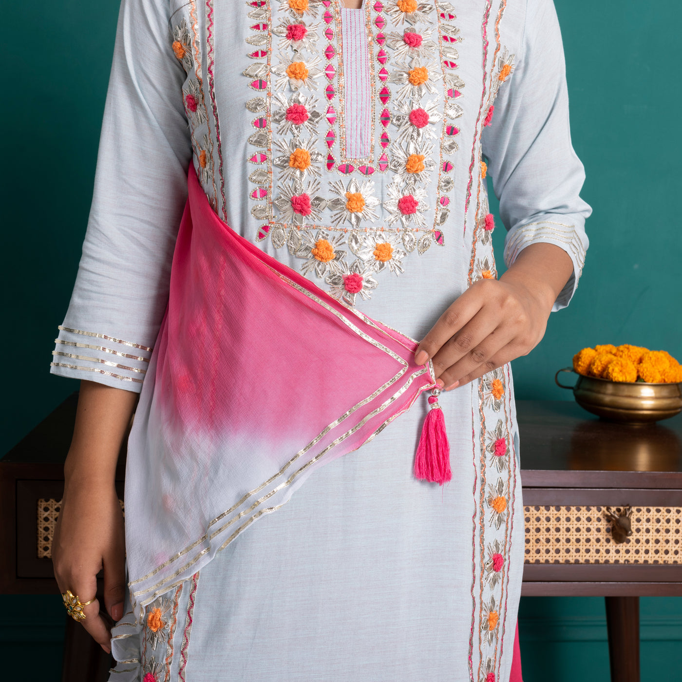 Pastel Blue and Pink Embroidered Kurta with Pants and Dupatta