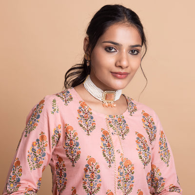 Peach Printed Kurta with Pants