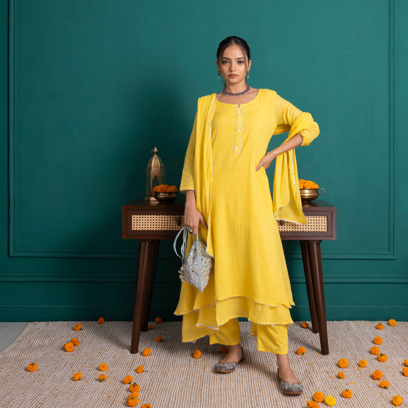 Yellow A Line Kurta With Pants