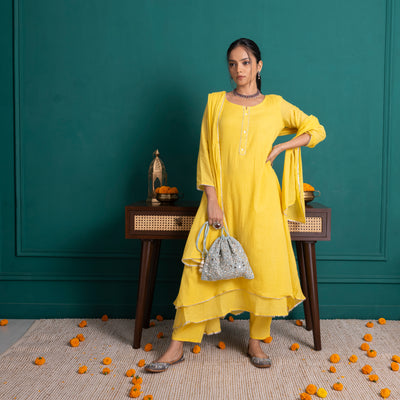 Yellow A Line Kurta With Pants