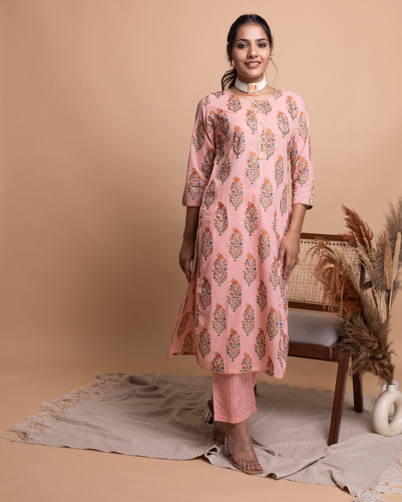 Peach Printed Kurta with Pants
