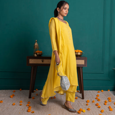 Yellow A Line Kurta With Pants