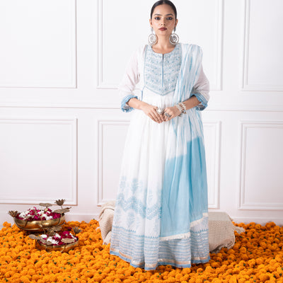 White & Blue Printed Embroidred Flair Kurta with Duptta