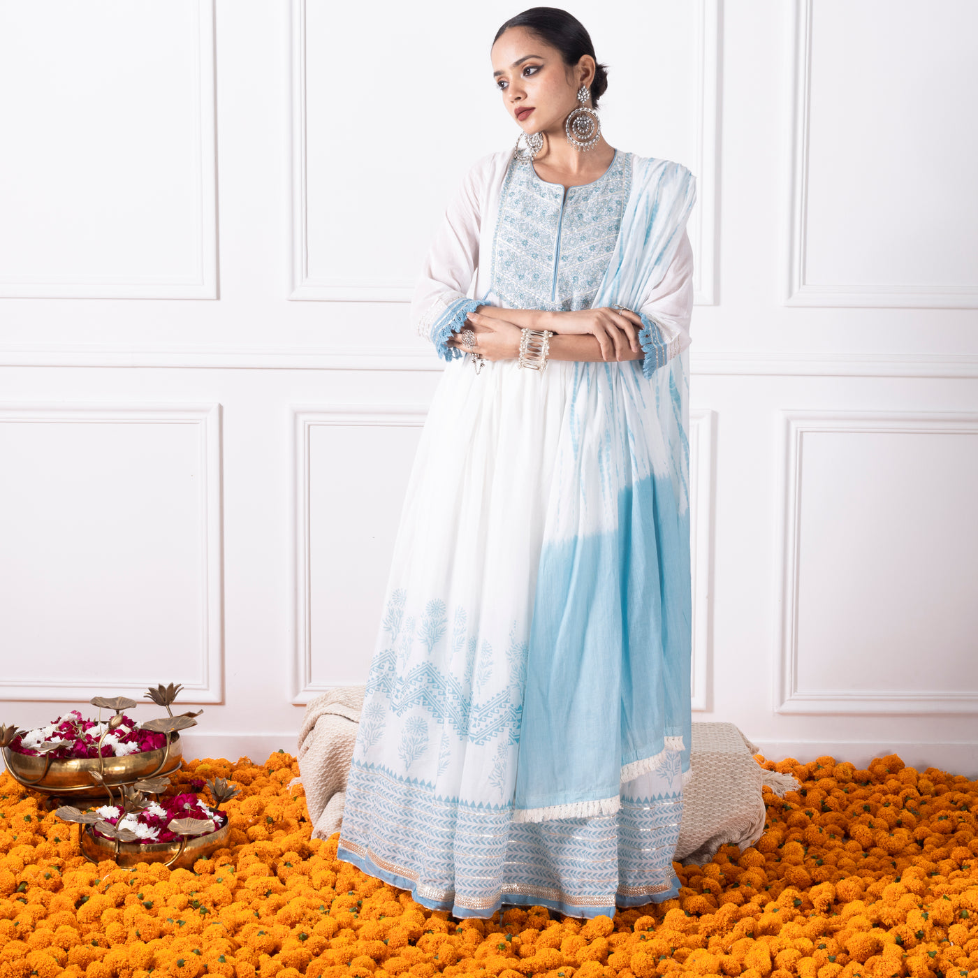 White & Blue Printed Embroidred Flair Kurta with Duptta