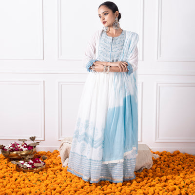 White & Blue Printed Embroidred Flair Kurta with Duptta