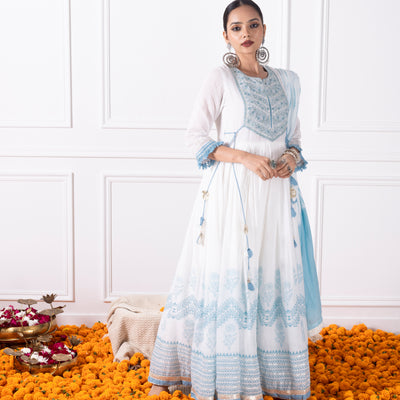 White & Blue Printed Embroidred Flair Kurta with Duptta
