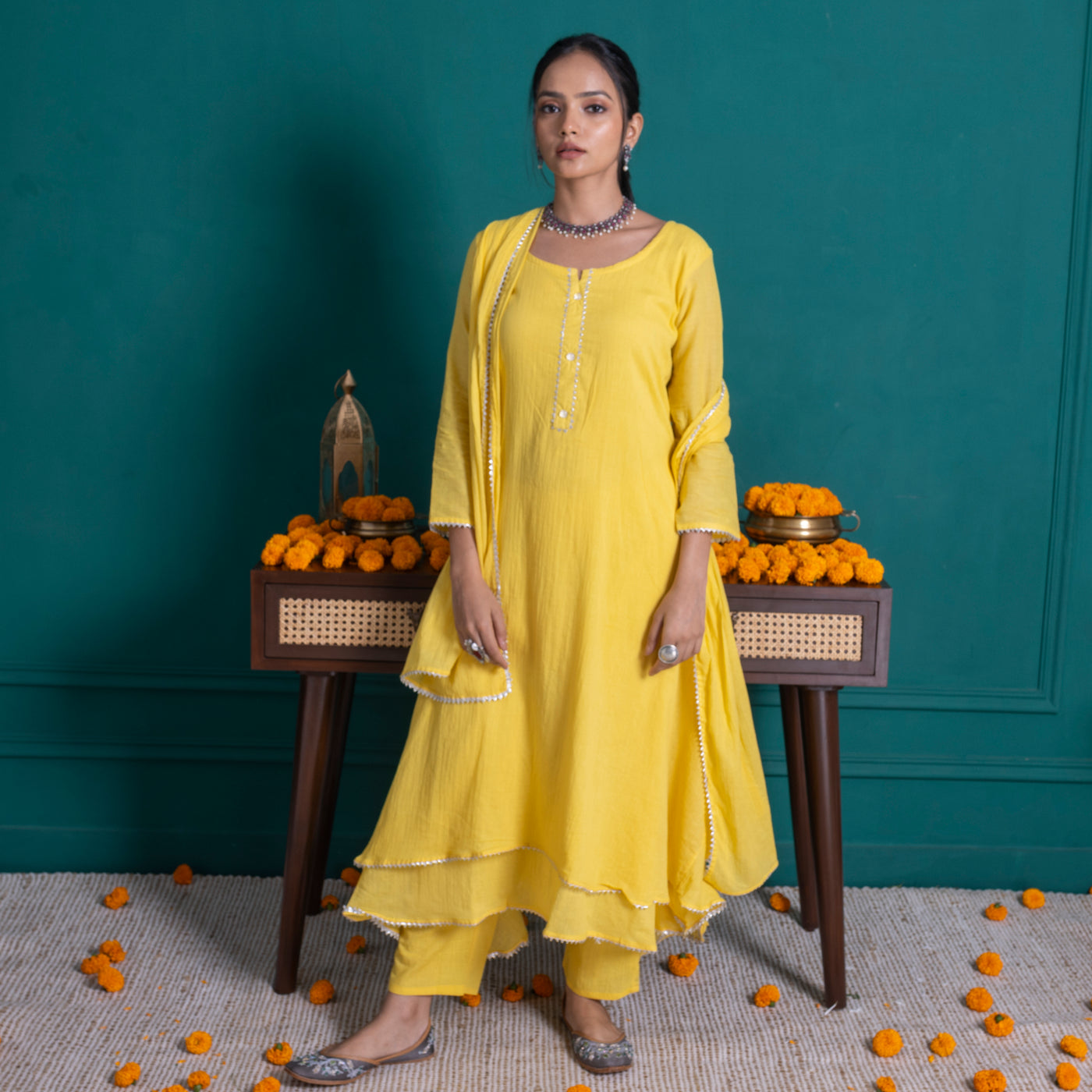 Yellow A Line Kurta With Pants