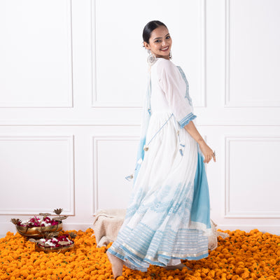 White & Blue Printed Embroidred Flair Kurta with Duptta