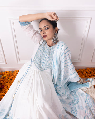 White & Blue Printed Embroidred Flair Kurta with Duptta