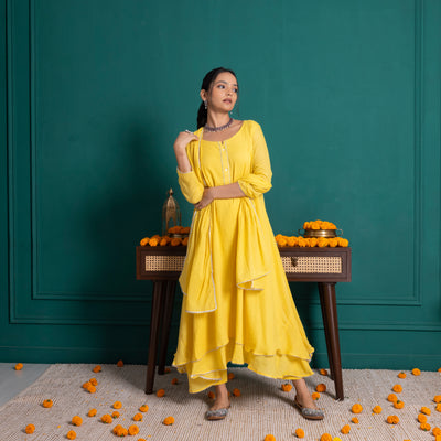 Yellow A Line Kurta With Pants