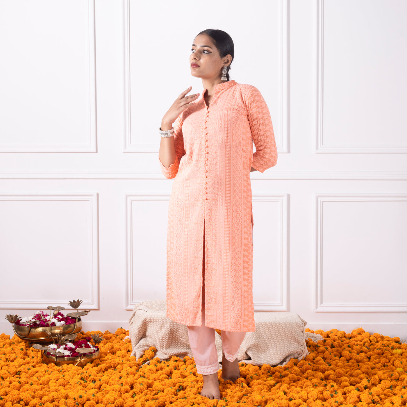 Coral Peach Embroidered Kurta