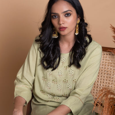 Mint Green Embroidered Shirt with Pants