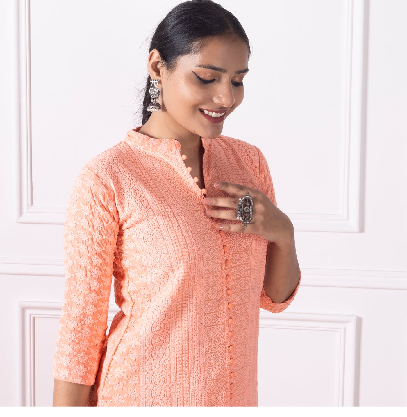 Coral Peach Embroidered Kurta