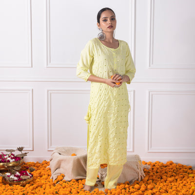 Lemon Yellow Embroidered Kurta with Pants