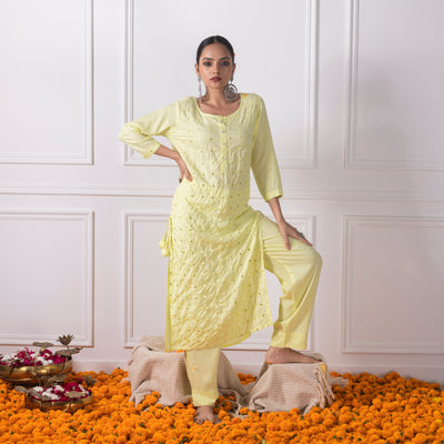 Lemon Yellow Embroidered Kurta with Pants