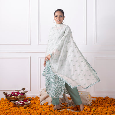 Dark Sage Green Printed Suit Set