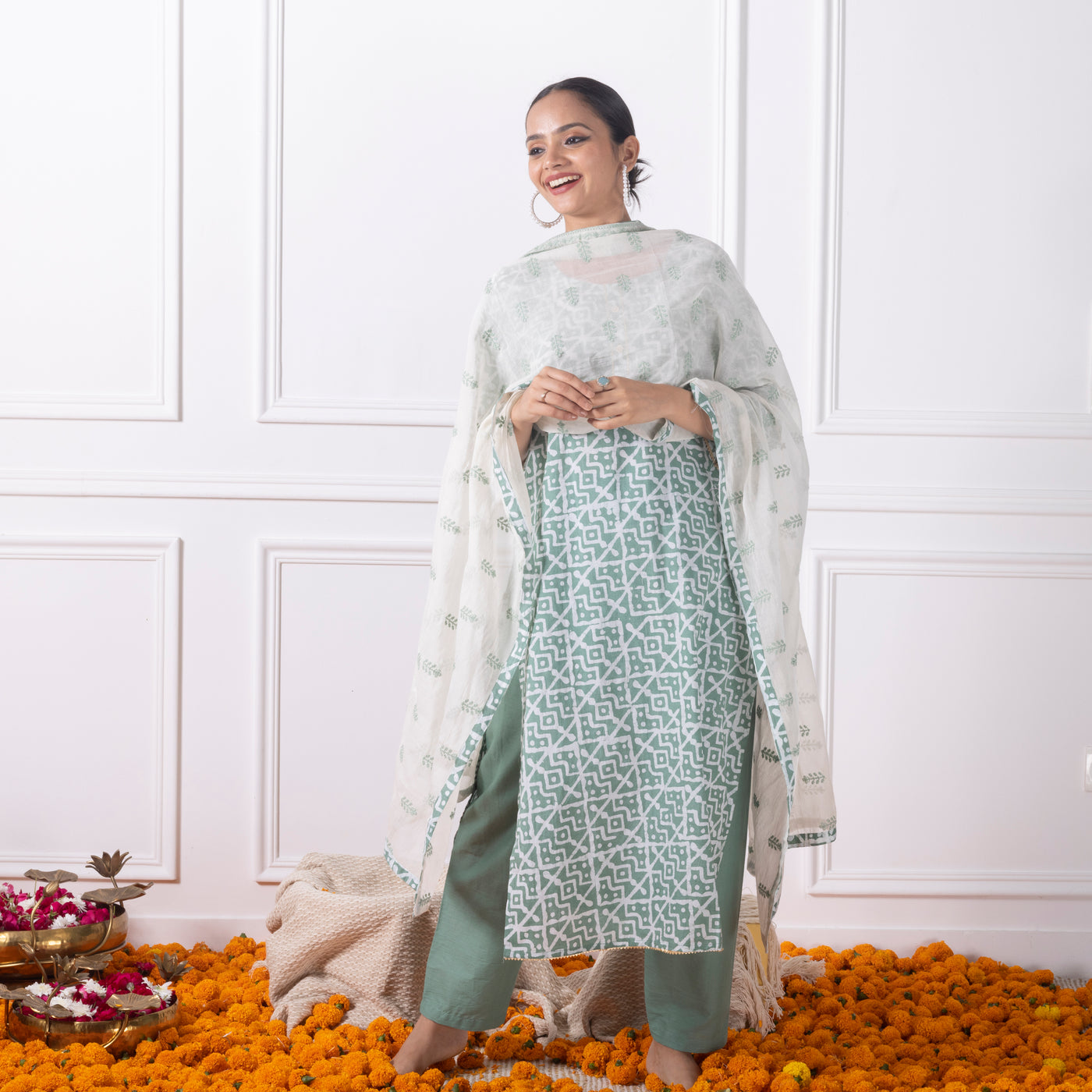 Dark Sage Green Printed Suit Set