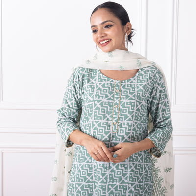 Dark Sage Green Printed Suit Set