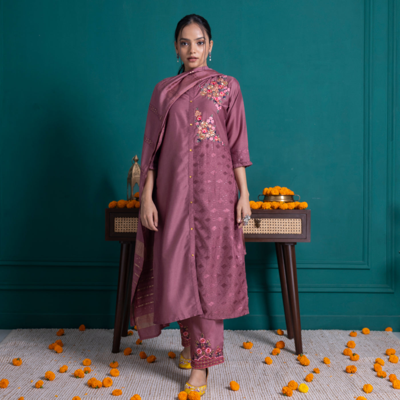 Mauve Embroidered Kurta with Pants and Dupatta