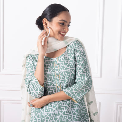 Dark Sage Green Printed Suit Set