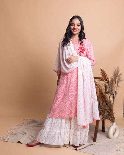 Coral Pink Bandhni Printed Sharara Set
