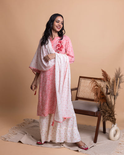 Coral Pink Bandhni Printed Sharara Set