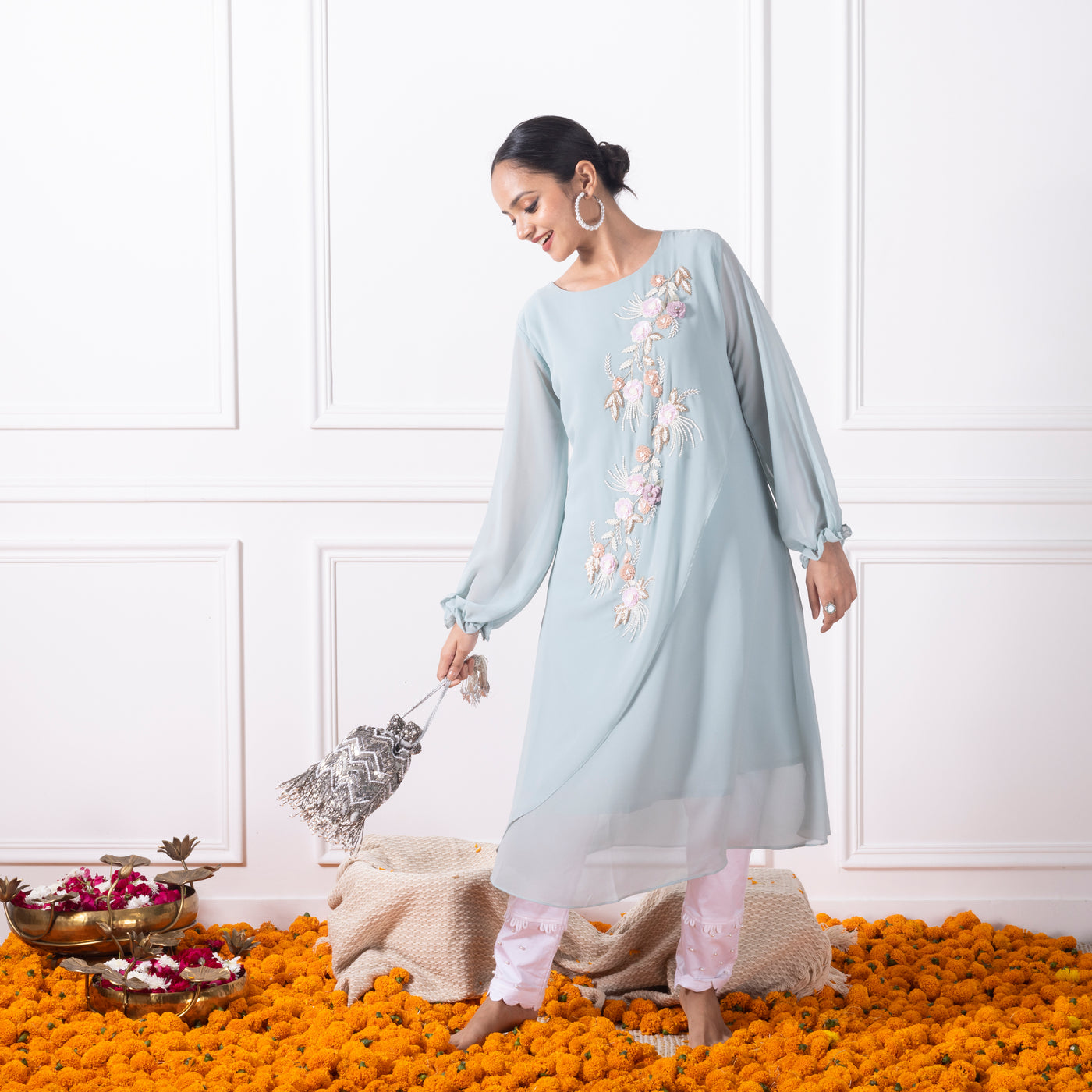 Pastel Blue Embroidered Shirt with Pants