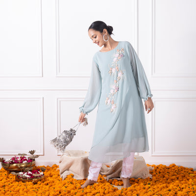 Pastel Blue Embroidered Shirt with Pants