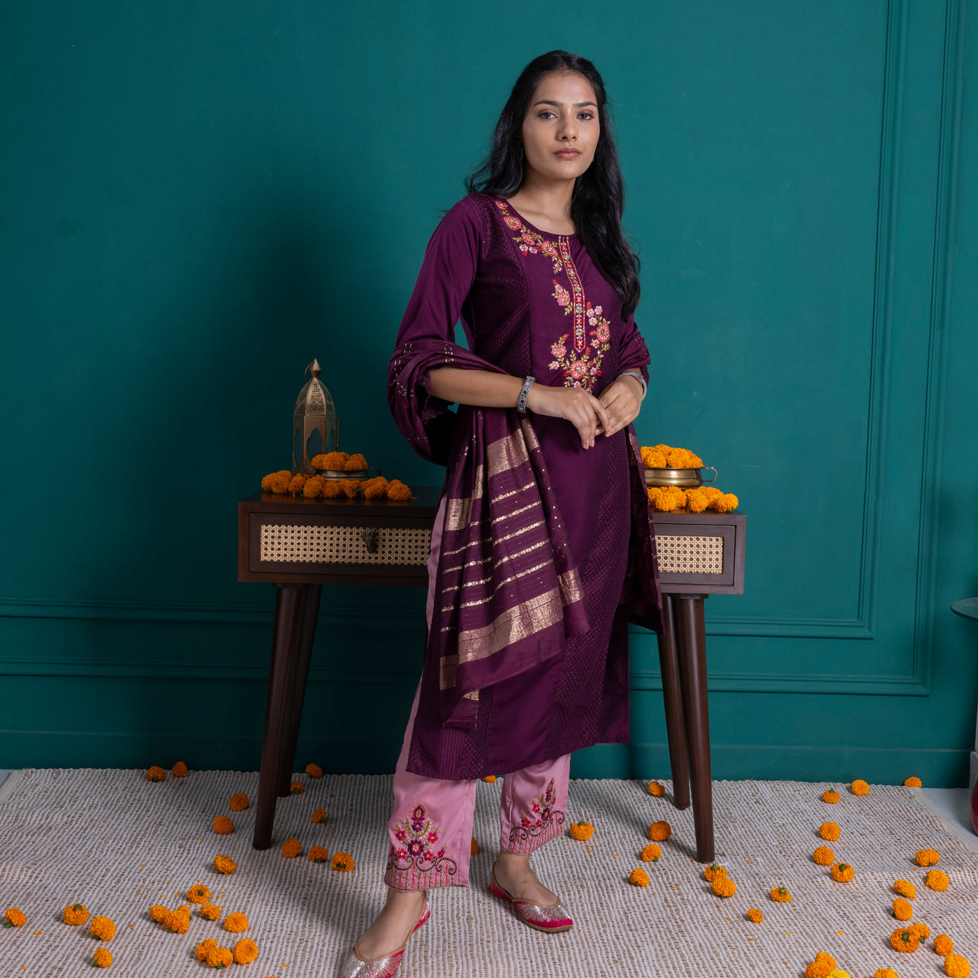 Wine Embroidered Kurta with Pants and Dupatta