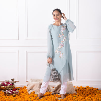 Pastel Blue Embroidered Shirt with Pants