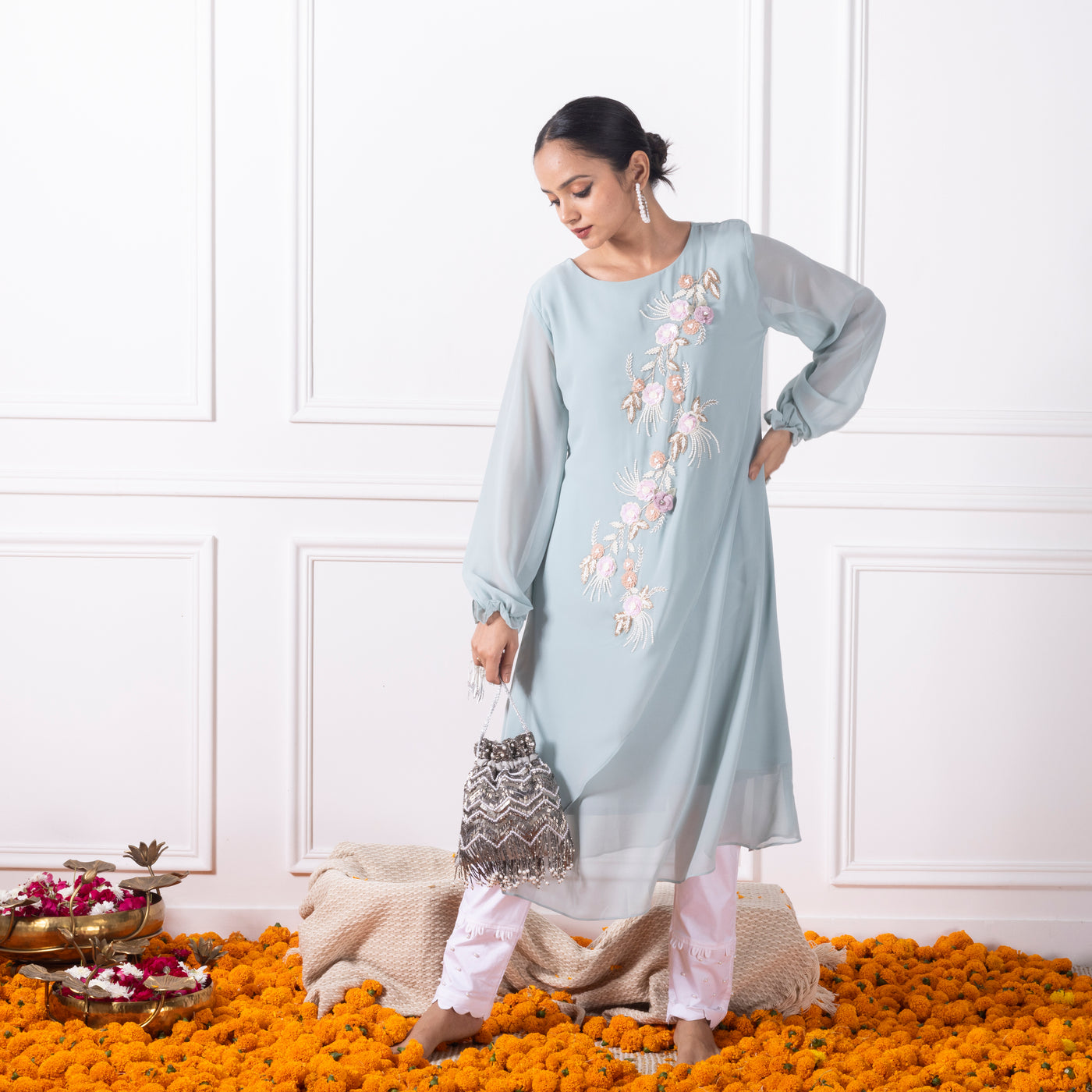 Pastel Blue Embroidered Shirt with Pants