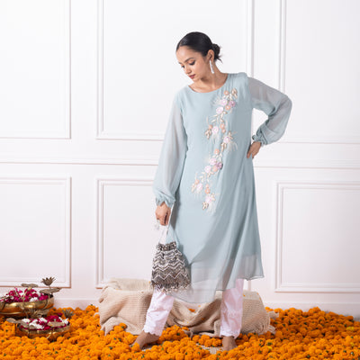 Pastel Blue Embroidered Shirt with Pants