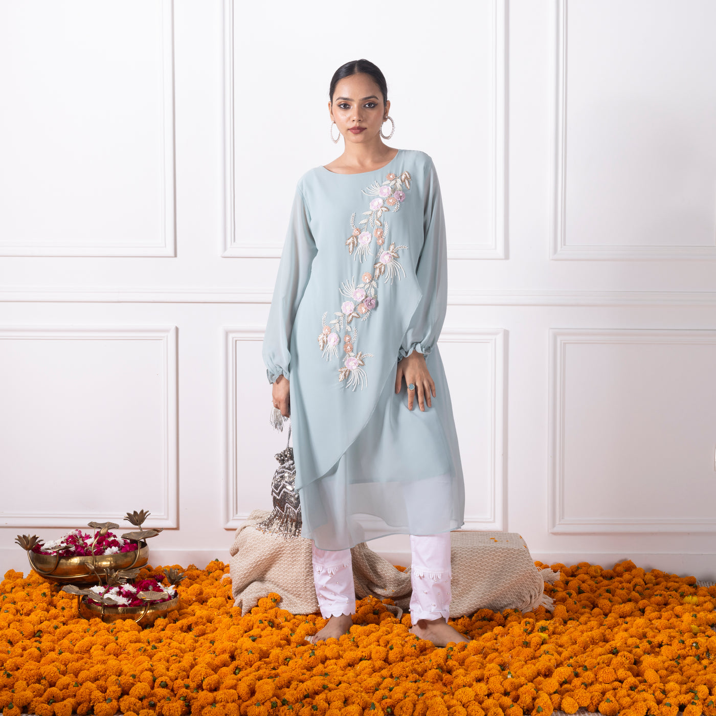 Pastel Blue Embroidered Shirt with Pants